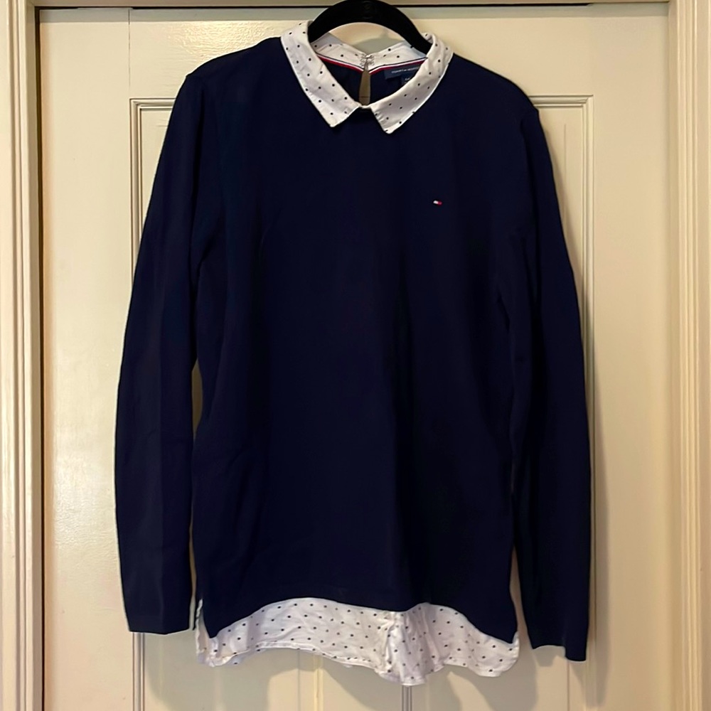Navy cardigan/sweater with built in white collared shirt.